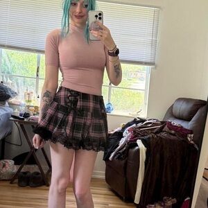 Black and Pink Ruffled Skater Mini Skirt